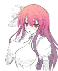 Rule 34 | 1girl, blush, bow, breasts, brown eyes, cattleya (flower knight girl), cilfy, cleavage, female focus, flower, flower knight girl, frills, hair bow, hair flower, hair ornament, large breasts, long hair, looking at viewer, partially colored, red hair, sketch, solo, upper body, white background