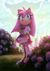Rule 34 | 1girl, 2023, absurdres, amy rose, animal ears, animal nose, artist name, bare shoulders, blue sky, blurry, blurry background, boots, bracelet, breasts, bush, closed mouth, cloud, cloudy sky, day, dress, eyelashes, fence, flower, furry, furry female, gloves, gold bracelet, grass, green eyes, hairband, hand up, hedgehog ears, hedgehog girl, highres, hill, jewelry, looking to the side, medium breasts, outdoors, pink dress, pink flower, pink footwear, pink fur, pink hairband, pink rose, purple flower, rose, sky, sleeveless, sleeveless dress, smile, solo, sonic (series), spacecolonie, standing, white flower, white gloves