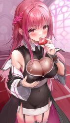 Rule 34 | 1girl, armpit crease, blush, braid, breasts, cleavage, covered navel, detached sleeves, dress, earrings, eating, food, fruit, furofuroppi, garter straps, grabbing own breast, highres, indie virtual youtuber, indoors, jewelry, large breasts, long hair, long sleeves, looking at viewer, open mouth, pink hair, pink nails, red eyes, second-party source, see-through, see-through cleavage, sidelocks, sleeveless, sleeveless dress, solo, strawberry, two-tone dress, virtual youtuber, wide sleeves