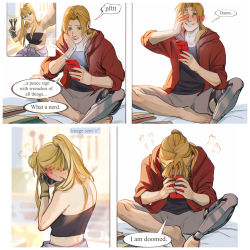 Rule 34 | ..., 1boy, 1girl, absurdres, bare arms, bare legs, bare shoulders, barefoot, black shirt, blonde hair, blue eyes, blush, brown eyes, cellphone, clothes around waist, collarbone, comic, couple, coveralls, covering face, crossed legs, ear blush, edward elric, embarrassed, english text, eyebrows, fingerless gloves, fullmetal alchemist, gloves, grey shorts, hair between eyes, hand on own face, head down, hetero, highres, hood, hood down, hoodie, jacket, jacket around waist, left-to-right manga, light brown hair, long hair, nose blush, overalls, pale skin, phone, photo (object), prosthesis, prosthetic leg, red hoodie, shirt, shorts, sigh, sitting, smartphone, smartphone case, smile, sound effects, speech bubble, sports bra, spread legs, standing, stitched, taking picture, teeth, text messaging, third-party edit, viria13, winry rockbell, wrench