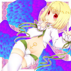 Rule 34 | 1boy, beatmania, beatmania iidx, blonde hair, blush, cherryblossoms flutter, finger to mouth, looking at viewer, male focus, mars symbol, midriff, multiple wings, navel, necktie, rche (beatmania), red eyes, short hair, shorts, solo, star (symbol), tattoo, thighhighs, trap, white thighhighs, wings