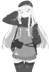 Rule 34 | 1girl, arm behind back, arm behind head, arm up, belt, beret, black thighhighs, facial mark, girls&#039; frontline, greyscale, hair ornament, hat, highres, hk416 (girls&#039; frontline), jacket, long hair, long sleeves, looking at viewer, monochrome, osu5i, plaid, plaid skirt, simple background, skirt, solo, teardrop, thighhighs, white background, zettai ryouiki