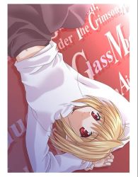 Rule 34 | 00s, 1girl, arcueid brunestud, arms behind head, arms up, blonde hair, from above, long skirt, looking at viewer, lying, red eyes, short hair, skirt, smile, solo, sweater, tsukihime, turtleneck, upside-down