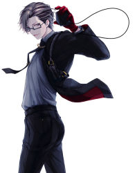 Rule 34 | 1boy, black hair, black pants, formal, fortynine494, glasses, gloves, green eyes, hypnosis mic, iruma jyuto, jacket, male focus, necktie, pants, red gloves, shirt, short hair, simple background, solo, suit, upper body, white background