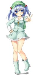 Rule 34 | 1girl, backpack, bag, blue eyes, blue hair, blush, boots, frilled skirt, frills, full body, greatmosu, grin, hair bobbles, hair ornament, hat, highres, kawashiro nitori, long sleeves, looking at viewer, matching hair/eyes, md5 mismatch, outstretched arm, resized, resolution mismatch, rubber boots, shirt, simple background, skirt, skirt set, smile, solo, source larger, touhou, twintails, two side up, v, vest, white background