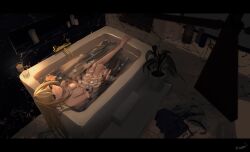 Rule 34 | 1girl, absurdres, aizawa ema, bath, bathing, bathtub, blonde hair, blue eyes, blunt bangs, blush, breasts, breasts squeezed together, candle, candlelight, ceiling fan, cleavage, completely nude, dark, faucet, hair flaps, highres, indoors, karong, large breasts, long hair, looking at viewer, nude, petals, plant, potted plant, shampoo bottle, sidelocks, solo, virtual youtuber, vspo!, water, window