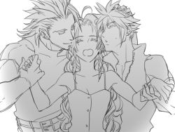 Rule 34 | 1girl, 2boys, aerith gainsborough, arm ribbon, bare arms, breasts, buttons, cleavage, cloud strife, collarbone, earrings, closed eyes, final fantasy, final fantasy vii, final fantasy vii advent children, final fantasy vii remake, greyscale, hair down, high collar, holding hands, jewelry, long hair, medium breasts, monochrome, multiple boys, muscular, muscular male, open collar, open mouth, ribbon, ryouto, spiked hair, square enix, sweatdrop, turtleneck, wavy hair, white background, zack fair