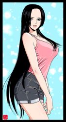 Rule 34 | 1girl, ass, black hair, blue eyes, boa hancock, breasts, cowboy shot, denim, female focus, hip focus, large breasts, long hair, one piece, shorts, solo, standing, thighs, very long hair