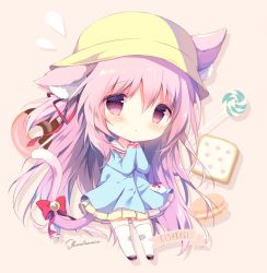 Rule 34 | 1girl, animal ears, azur lane, bell, blue shirt, bow, cat ears, cat tail, character name, chibi, commentary request, hand to own mouth, hat, jingle bell, kindergarten uniform, kisaragi (azur lane), long hair, mary janes, pink eyes, pink hair, ribbon, shiratama (shiratamaco), shirt, shoes, side ponytail, skirt, solo, tail, tail ornament, tail ribbon, thighhighs, white thighhighs, yellow skirt