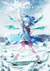 Rule 34 | 1girl, aerokinesis, arm up, bare legs, black footwear, blue bow, blue dress, blue eyes, blue hair, bow, character name, cirno, cryokinesis, day, dress, full body, hair bow, highres, ice, ice wings, looking at viewer, outdoors, red ribbon, ribbon, satyuas, shoes, short dress, snowing, socks, solo, standing, touhou, white socks, wind, wings, winter