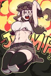 Rule 34 | 1girl, abs, baseball cap, belt, black-framed eyewear, black thighhighs, breasts, crop top, english text, explosion, fio germi, glasses, hat, highres, jumping, long hair, metal slug, midriff, open mouth, ponytail, short shorts, shorts, skindentation, solo, thighhighs, toned, underboob