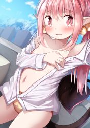 Rule 34 | 1girl, bare shoulders, blush, bow, bow panties, breasts, collarbone, collared shirt, commentary request, day, demon girl, demon tail, dutch angle, hair between eyes, hair bobbles, hair ornament, highres, indoors, long hair, mochiyuki, navel, nipples, off shoulder, open clothes, open shirt, original, panties, parted lips, pink hair, pointy ears, reaching, reaching towards viewer, red eyes, selfie, shirt, sidelocks, small breasts, solo, star (symbol), star print, tail, tears, twintails, underwear, very long hair, white shirt, yellow panties
