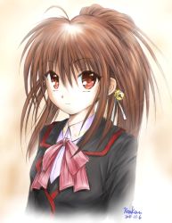 Rule 34 | 1girl, brown hair, dated, highres, kem kem, little busters!, long hair, natsume rin, ponytail, red eyes, school uniform, signature, solo