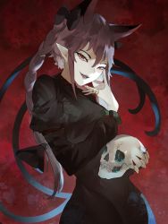 Rule 34 | 1girl, absurdres, animal ears, black dress, braid, cat ears, cat tail, cowboy shot, dress, extra ears, fangs, fingernails, floral print, highres, holding, holding skull, jewelry, juliet sleeves, kaenbyou rin, long sleeves, looking at viewer, multiple tails, nail polish, naufaldreamer, pointy ears, puffy sleeves, red background, red eyes, red hair, red nails, sharp fingernails, sharp teeth, side braids, skull, slit pupils, solo, standing, tail, teeth, touhou, twin braids, two tails