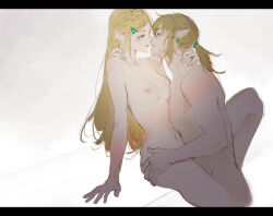 Rule 34 | 1boy, 1girl, arm support, blonde hair, braid, breasts, collarbone, commentary, completely nude, crown braid, ear piercing, facing another, hand on another&#039;s neck, hand on another&#039;s thigh, hashtag-only commentary, hetero, highres, imminent kiss, kebory, link, long hair, looking at another, medium hair, navel, nintendo, nipples, nude, piercing, pointy ears, ponytail, princess zelda, sidelocks, the legend of zelda, the legend of zelda: breath of the wild
