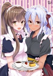 Rule 34 | 2girls, absurdres, alternate costume, apron, blush, breast press, breasts, brown hair, cherry blossoms, coffee, commentary, cup, dark-skinned female, dark skin, dessert, flower, food, fruit, glasses, hair between eyes, hair flower, hair ornament, hair ribbon, heart, highres, holding, japanese clothes, kantai collection, large breasts, lips, long hair, maid, maid apron, maid headdress, mashiro yukiya, mug, multiple girls, musashi (kancolle), musashi kai ni (kancolle), open mouth, pointy hair, ponytail, red neckwear, ribbon, short sleeves, side ponytail, sidelocks, signature, silver hair, smile, strawberry, striped, striped background, tray, yamato (kancolle)