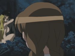 Rule 34 | 00s, 1990s (style), 1boy, 2girls, animated, animated gif, breasts, brown hair, bush, clothed male nude female, clothed sex, cowgirl position, forest, hakusensha, hug, huge breasts, kuribayashi yayoi, long hair, momozono mei, mouse (anime), multiple girls, muon sorata, nature, night, nude, outdoors, peeking, sex, sideboob, straddling, tree, twintails, voyeurism, wears