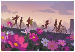 3boys 4girls amagi_yukiko bag bicycle black_hair black_jacket black_pants black_pantyhose black_thighhighs blonde_hair blue_hair brown_hair cloud commentary_request evening flower from_side grass green_jacket grey_hair grey_skirt hairband hanamura_yousuke hand_in_pocket hat highres jacket jacket_on_shoulders kujikawa_rise long_hair long_sleeves multiple_boys multiple_girls narukami_yuu outdoors pants pantyhose persona persona_4 pink_flower pleated_skirt red_hairband s_saremi satonaka_chie school_uniform shirogane_naoto short_hair skirt sky stairs tatsumi_kanji thighhighs tree walking walking_bike white_flower yasogami_school_uniform