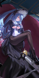 Rule 34 | 1girl, azur lane, black bow, black dress, black footwear, black gloves, blue hair, boots, bow, breasts, brown pantyhose, clothing cutout, dress, full body, gloves, half gloves, high heel boots, high heels, highres, long hair, looking at viewer, maid headdress, manjuu (azur lane), marco polo (azur lane), marco polo (the queen of hearts) (azur lane), medium breasts, official alternate costume, pantyhose, platform boots, platform footwear, red eyes, sansan (dongfangzhong111), solo, thighs, underboob, underboob cutout, very long hair