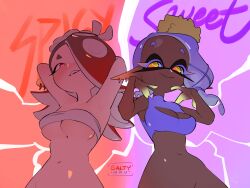 Rule 34 | 2girls, alternate breast size, alternate color, arms behind head, bare shoulders, blush, bottomless, breasts, chest sarashi, cleavage, cleavage cutout, clothing cutout, crop top, dark-skinned female, dark skin, ear piercing, from below, frye (splatoon), hair over one eye, highres, inkling player character, large breasts, looking at viewer, medium breasts, multiple girls, navel, nintendo, octoling player character, piercing, pointy ears, purple background, purple hair, red background, red eyes, red hair, saltymou, sarashi, shiver (splatoon), smile, splatoon (series), splatoon 3, tentacle hair, two-tone background, underboob, upper body, yellow eyes