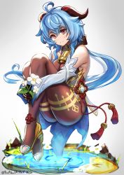 Rule 34 | 1girl, aloneinthedork, bare shoulders, bell, black pantyhose, blue hair, blush, bow, breasts, cowbell, flower, ganyu (genshin impact), genshin impact, gloves, hair bow, high heels, highres, long sleeves, looking at viewer, pantyhose, purple eyes, smile, solo