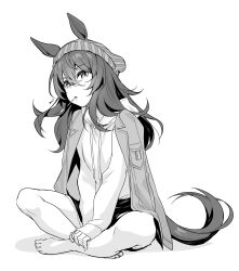 1girl animal_ears artist_name barefoot beanie botantouki candy ears_through_headwear food food_in_mouth full_body greyscale hair_between_eyes hat highres hood hood_down hoodie horse_ears horse_girl horse_tail indian_style jacket jacket_on_shoulders lollipop long_hair looking_at_viewer monochrome nakayama_festa_(umamusume) parted_lips shorts sitting sleeves_past_wrists solo tail toes umamusume