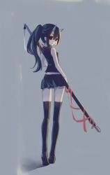 Rule 34 | 1girl, black hair, black shirt, black skirt, black thighhighs, breasts, brown footwear, closed mouth, eyelashes, from behind, full body, grey background, hair between eyes, hddkwar, highres, holding, holding sword, holding weapon, horns, katana, loafers, long hair, looking at viewer, miniskirt, original, ponytail, red eyes, red ribbon, ribbon, scabbard, sheath, sheathed, shirt, shoes, sidelocks, simple background, skirt, sleeveless, sleeveless shirt, small breasts, solo, standing, sword, tassel, thigh gap, thighhighs, weapon, zettai ryouiki