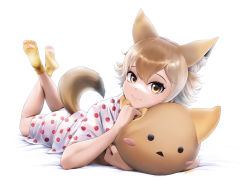 Rule 34 | 1girl, alternate costume, animal ears, beleven, blonde hair, blush, character pillow, commentary, coyopotato, coyote (kemono friends), extra ears, food print, hair between eyes, highres, kemono friends, kemono friends v project, looking at viewer, lying, multicolored hair, on stomach, pajamas, paw print soles, shirt, short hair, short sleeves, shorts, smile, socks, solo, strawberry print, t-shirt, tail, virtual youtuber, white hair, white shirt, white shorts, wolf ears, wolf girl, wolf tail, yellow eyes, yellow socks
