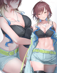 Rule 34 | 1girl, aketa mikoto, bare arms, bare shoulders, belt, black thighhighs, blue shorts, blush, boots, breasts, brown hair, cleavage, cowboy shot, green belt, highres, idolmaster, idolmaster shiny colors, jewelry, large breasts, looking at viewer, multiple views, navel, necklace, parted lips, short hair, short shorts, shorts, shougun (chuckni1), smile, stomach, thigh boots, thighhighs, thighs, white background, yellow eyes