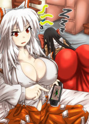 Rule 34 | 2girls, artist request, ass, black hair, bow, breasts, fujiwara no mokou, hair bow, handheld game console, houraisan kaguya, huge ass, huge breasts, japanese clothes, long hair, multiple girls, open mouth, parted lips, playstation portable, silver hair, sleeping, top-down bottom-up, touhou