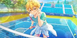 Rule 34 | 1boy, afterl!fe, blonde hair, blush, closed mouth, ell (afterl!fe), facing viewer, highres, looking to the side, male focus, official art, playing sports, racket, second-party source, short hair, solo, tennis, tennis court, tennis racket, yellow eyes