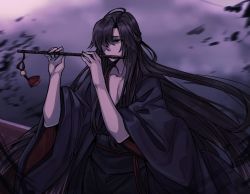 Rule 34 | ayanobro, black eyes, black hair, boat, chinese clothes, flute, highres, instrument, long hair, modao zushi, music, playing instrument, solo, very long hair, water, watercraft, wei wuxian, wide sleeves