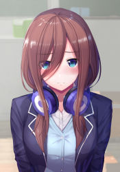 Rule 34 | 1girl, absurdres, black jacket, blazer, blue eyes, blurry, blurry background, blush, brown hair, closed mouth, depth of field, eyes visible through hair, frown, go-toubun no hanayome, hair over one eye, headphones, headphones around neck, highres, indoors, jacket, long hair, looking at viewer, nakano miku, open clothes, open jacket, school uniform, solo, upper body, xkc
