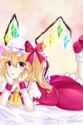 Rule 34 | 1girl, absurdres, artist request, bed, blonde hair, blush, bow, crystal, dress, flandre scarlet, frilled cuffs, frilled dress, frills, hair between eyes, hat, highres, looking at viewer, lying, mob cap, nail polish, necktie, on stomach, open mouth, red eyes, red nails, shoes, short sleeves, side ponytail, socks, touhou, wings, yellow tie