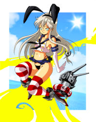 Rule 34 | 10s, 1girl, animal ears, aqua eyes, breasts, cosplay, kantai collection, navel, panties, rabbit ears, shimakaze (kancolle), shimakaze (kancolle) (cosplay), silver hair, solo, striped clothes, striped thighhighs, thighhighs, underwear