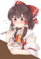 Rule 34 | 1girl, bare shoulders, blush, bow, bowl, brown hair, chopsticks, closed mouth, collar, colored eyelashes, detached sleeves, egg, food, frilled bow, frilled hair tubes, frills, hair bow, hair tubes, hakurei reimu, highres, holding, holding bowl, holding chopsticks, japanese clothes, long hair, miko, necktie, nontraditional miko, noodles, red bow, red eyes, red shirt, ribbon-trimmed sleeves, ribbon trim, shirt, sidelocks, simple background, solo, soup, thick eyelashes, touhou, udon, upper body, uzuki (amayadori), white background, white collar, yellow necktie