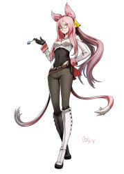 Rule 34 | 1girl, animal ears, bags under eyes, belt, blazblue, blazblue: cross tag battle, boots, bracelet, breasts, candy, cat ears, cat tail, cosplay, food, glasses, gloves, hair ornament, highres, jewelry, kokonoe (blazblue), lollipop, long hair, looking at viewer, multiple tails, neo politan, neo politan (cosplay), ozkh, pants, pince-nez, pink hair, ponytail, ribbon, rwby, simple background, small breasts, solo, tail, two side up, white background, yellow eyes