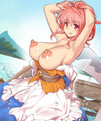 Rule 34 | 1girl, armpits, arms up, breasts, coin, day, dress, dutch angle, hand in own hair, highres, huge breasts, lake, medium hair, nipples, onozuka komachi, open mouth, outdoors, pink hair, red eyes, scythe, shiny skin, smile, solo, topless, touhou, umigarasu (kitsune1963), water, water drop, wet
