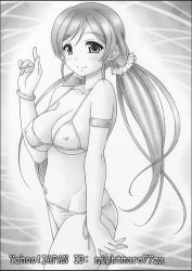 Rule 34 | 10s, 1girl, armband, bikini, breasts, cowboy shot, covered erect nipples, greyscale, index finger raised, large breasts, long hair, looking at viewer, love live!, love live! school idol project, monochrome, navel, nightmare77zx, scrunchie, side-tie bikini bottom, smile, solo, swimsuit, tojo nozomi, twintails, watermark, web address, wristband