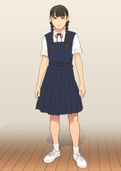 Rule 34 | 1girl, black hair, flat chest, school uniform, shinchou ni kansuru kousatsu, standing