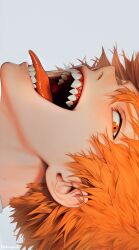 Rule 34 | 1boy, bishounen, chainsaw man, deltapork, denji (chainsaw man), from side, highres, looking at viewer, male focus, sharp teeth, simple background, solo, teeth, tongue, tongue out, upper body, white background