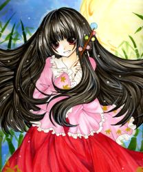 Rule 34 | 1girl, bamboo, bamboo forest, black hair, branch, female focus, forest, full moon, happy, houraisan kaguya, jeweled branch of hourai, long hair, long sleeves, mizame, moon, nature, red eyes, shirt, skirt, smile, solo, touhou