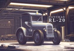 Rule 34 | absurdres, artist name, ceiling light, dated, highres, indoors, military, military vehicle, motor vehicle, no humans, original, spacebar hobby, tractor, vehicle focus, vehicle name