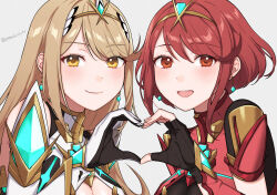 Rule 34 | 2girls, :d, black gloves, blonde hair, gloves, grey background, heart, heart hands, highres, long hair, looking at viewer, multiple girls, mythra (xenoblade), open mouth, peach11 01, pyra (xenoblade), red eyes, red hair, short hair, simple background, smile, upper body, xenoblade chronicles (series), xenoblade chronicles 2, yellow eyes
