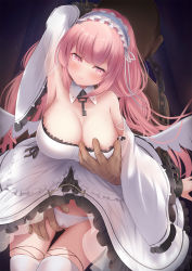 Rule 34 | 1boy, 1girl, azur lane, grabbing another&#039;s breast, breasts, chain, chained, chained wrists, cleavage, detached sleeves, dress, frilled dress, frills, grabbing, grabbing from behind, highres, large breasts, long hair, niboshin (usagi drive), panties, perseus (azur lane), pink eyes, pink hair, thighhighs, twintails, underwear, very long hair, white dress, white panties, white thighhighs, wide sleeves