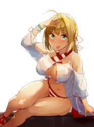 Rule 34 | 10s, 1girl, ahoge, arm support, bare shoulders, bead bracelet, beads, bikini, blonde hair, blush, bracelet, braid, breasts, cleavage, cleavage cutout, clothing cutout, collarbone, commentary request, dress, fate/extra, fate/grand order, fate (series), french braid, gown, green eyes, hair intakes, hair ribbon, halterneck, hand to forehead, hand up, highres, hip focus, jewelry, large breasts, legs, long hair, looking at viewer, navel, nero claudius (fate), nero claudius (fate) (all), nero claudius (swimsuit caster) (fate), nero claudius (swimsuit caster) (third ascension) (fate), puffy sleeves, red bikini, ribbon, see-through, shoulder cutout, side-tie bikini bottom, simple background, sitting, smile, solo, striped bikini, striped clothes, swimsuit, thighs, tokiwa midori (kyokutou funamushi), tongue, tongue out, white background, white ribbon