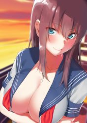 Rule 34 | 1girl, amano don, bad id, bad pixiv id, blue eyes, blush, breast hold, breasts, brown hair, collarbone, hair between eyes, large breasts, long hair, looking at viewer, neckerchief, open clothes, open shirt, original, sailor collar, sailor shirt, shirt, smile, solo