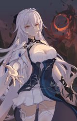 Rule 34 | 1girl, black gloves, breasts, bronya zaychik, bronya zaychik (silverwing: n-ex), cleavage, closed mouth, cloud, cloudy sky, dress, earrings, gloves, grey eyes, grey hair, highres, honkai (series), honkai impact 3rd, jewelry, long hair, looking at viewer, outdoors, outstretched arm, single glove, sky, sleeveless, sleeveless dress, smile, sunset, taichi (yirkorn), thighhighs, white dress, white thighhighs