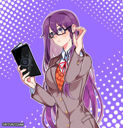 Rule 34 | 1girl, artist name, bespectacled, black-framed eyewear, book, closed mouth, commentary, doki doki literature club, english commentary, expressionless, glasses, hair between eyes, tucking hair, holding, holding book, long hair, looking away, outline, purple background, purple eyes, purple hair, rectangular eyewear, savi (byakushimc), school uniform, simple background, solo, upper body, very long hair, white outline, yuri (doki doki literature club)
