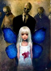 Rule 34 | 10s, 1girl, 2013, abstract, acrylic paint (medium), bad id, bad nicoseiga id, blood, blunt bangs, butterfly wings, dress, formal, grey hair, highres, hime cut, insect wings, inyou s, long hair, looking at viewer, onmyous, original, painting (medium), red eyes, skull, standing, suit, traditional media, white dress, wings